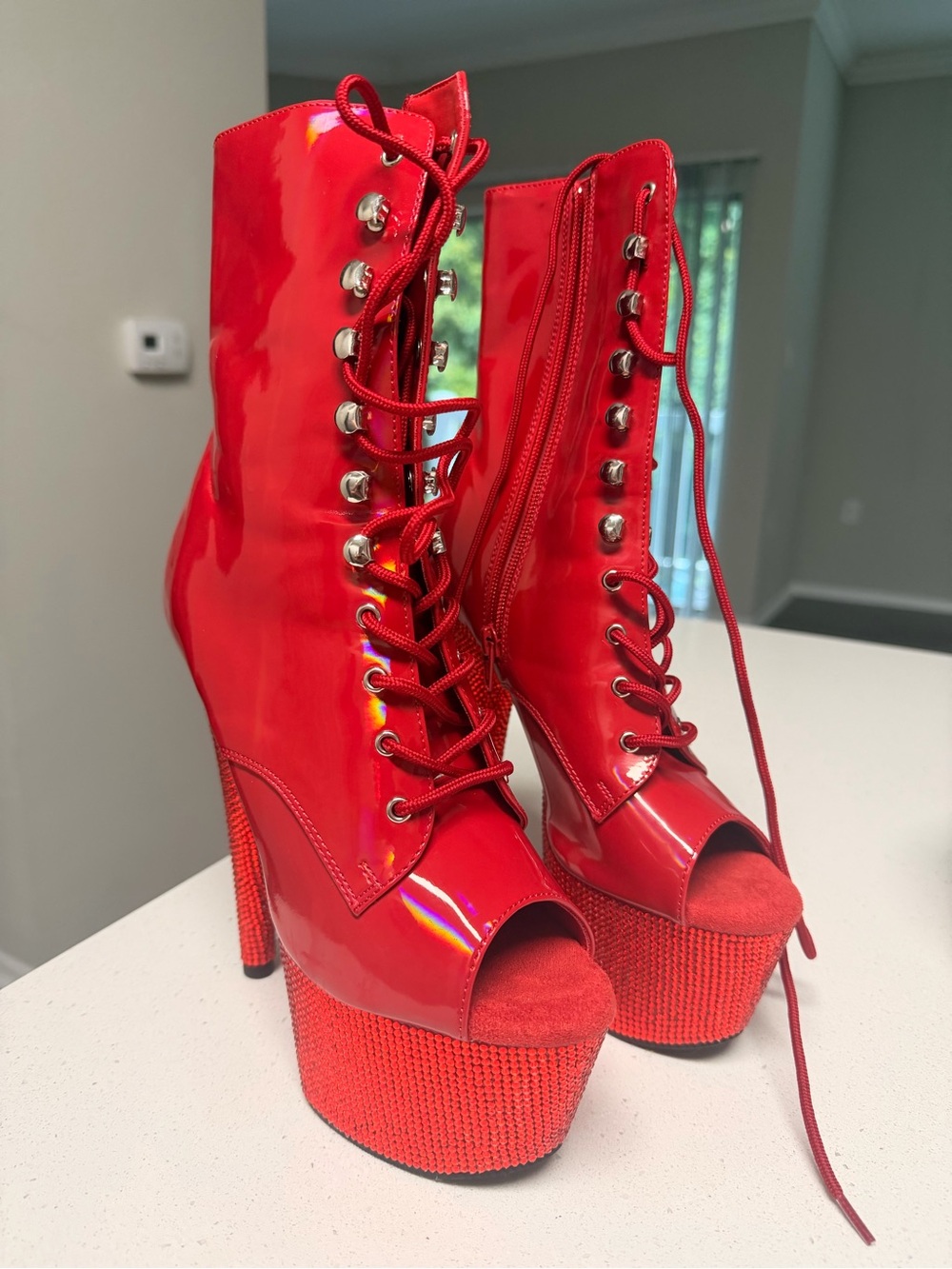 Pleaser Red Patent Peep-Toe Platform Lace-Up Boots